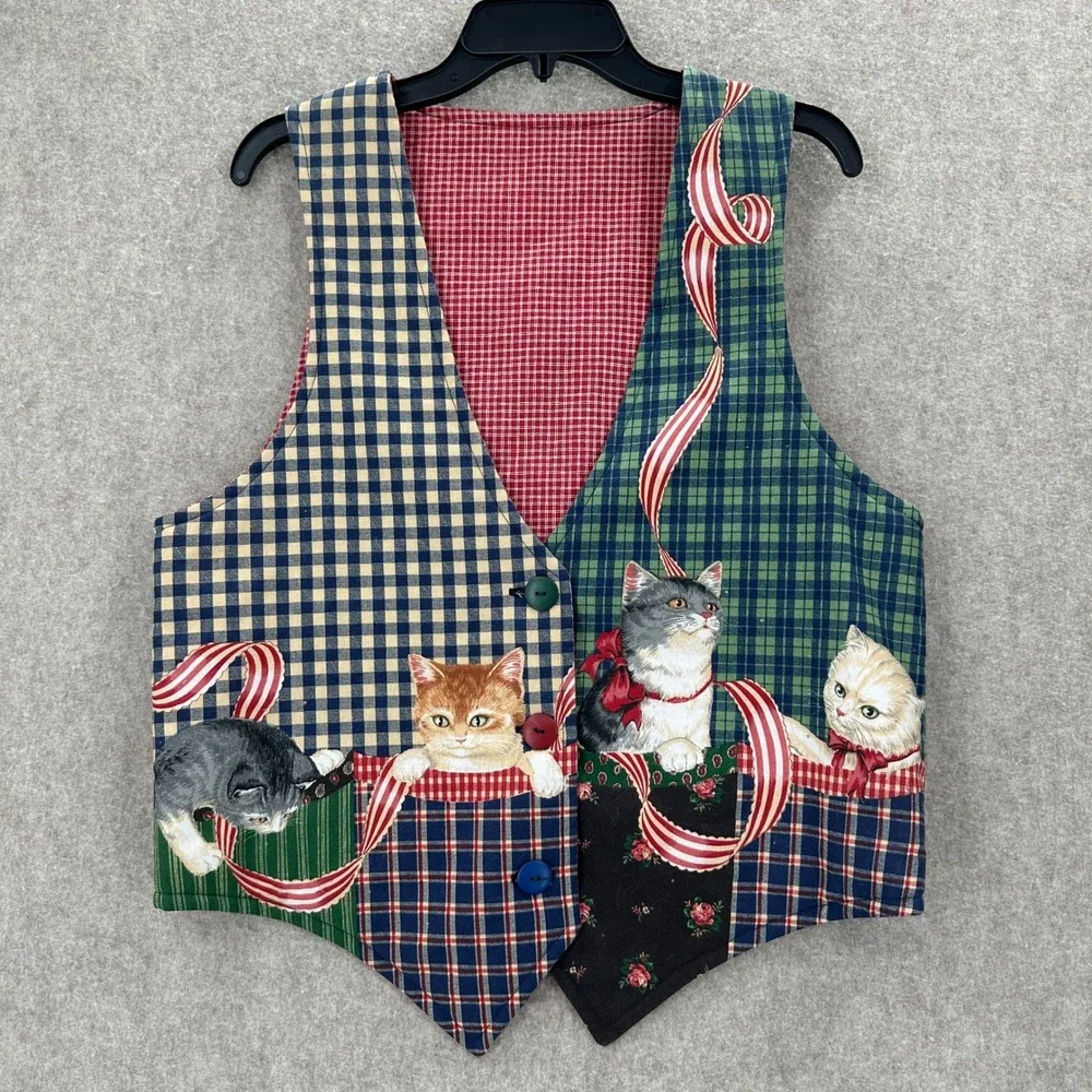 Vintage Cats Kittens Printed Graphics Plaid Check Waistcoat‎ Vest Size SM-MED